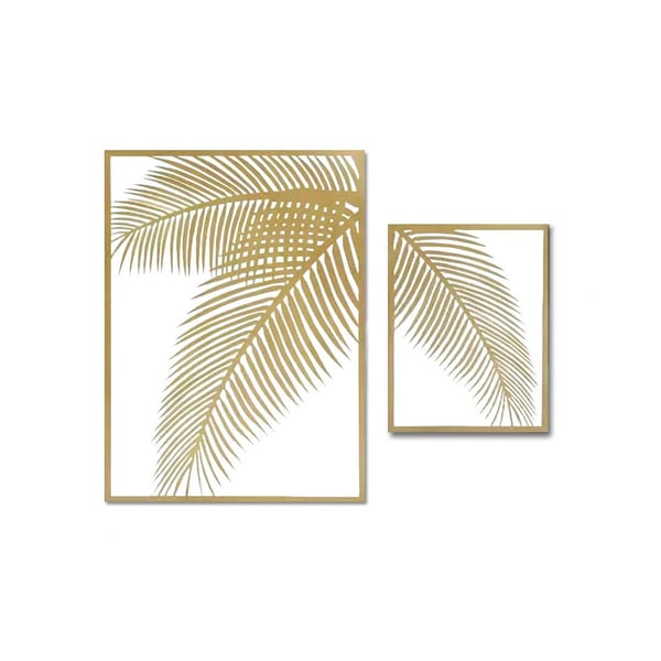 2 Pieces Metal Wall Decor Rectangular Palm Leaf Home Art Set in Gold for Living Room