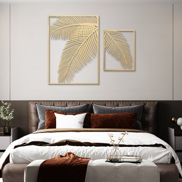 2 Pieces Metal Wall Decor Rectangular Palm Leaf Home Art Set in Gold for Living Room