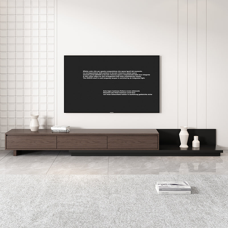 Walnut and Black Modern Minimalist Retractable TV Stand Extendable Media Console with 3 Retracted Drawers Up to 120