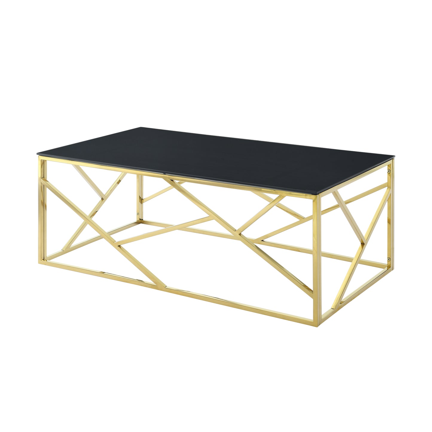 Modern Rectangular Coffee Accent Table - Black Tempered Glass Top with Gold Stainless Steel Frame for Living Room