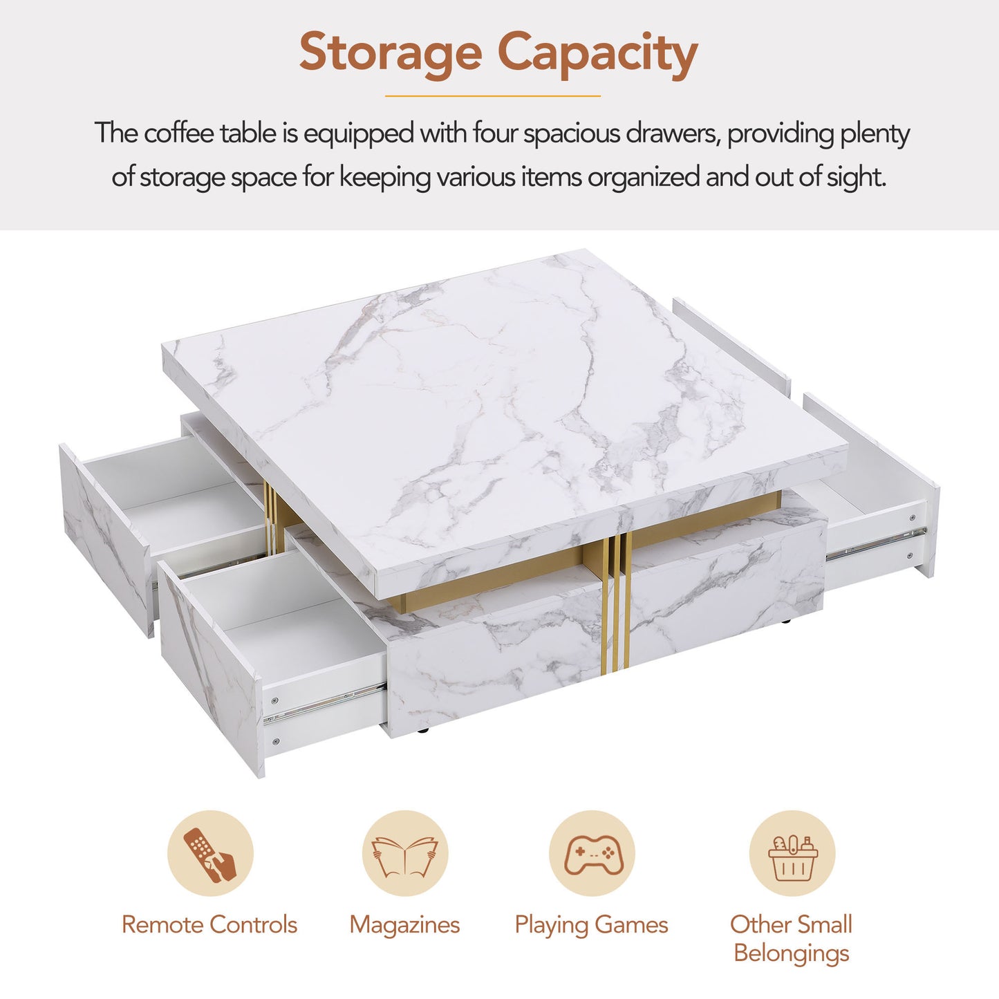 Modern White Square Storage Coffee Table with 4 Drawers