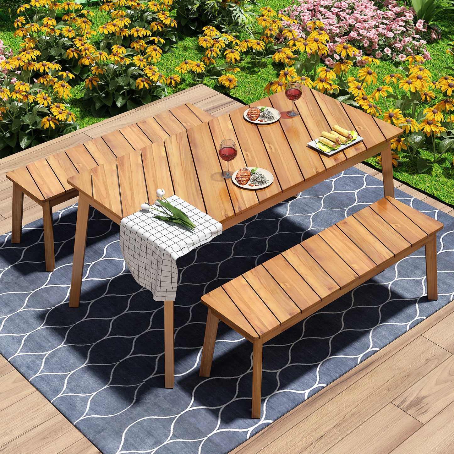 GO Ensemble de salle à manger 3 pièces en bois d'acacia pour mobilier d'extérieur et d'intérieur avec 2 bancs, table de pique-nique à bière pour terrasse, porche, jardin, bord de piscine, naturel