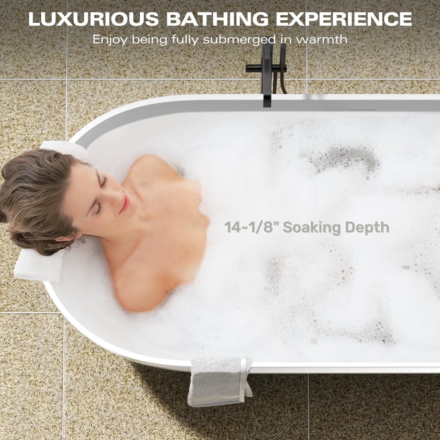 Elegant 59" Freestanding Solid Surface Bathtub – Luxury Matte White Soaking Tub with Efficient Overflow & Pop-Up Drain