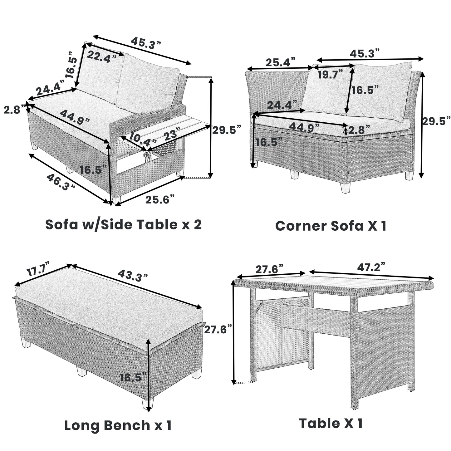 TOMAX Ensemble de canapés d'extérieur en rotin 5 pièces, ensemble de meubles de jardin sectionnels en osier PE en forme de L avec 2 tables d'appoint extensibles, table de salle à manger et housses lavables pour jardin, bord de piscine, intérieur, marron