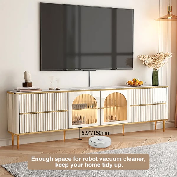 80" White Glass Door Fluted Stone TV Stand Wood Media Cabinet for 85" TV with Drawers