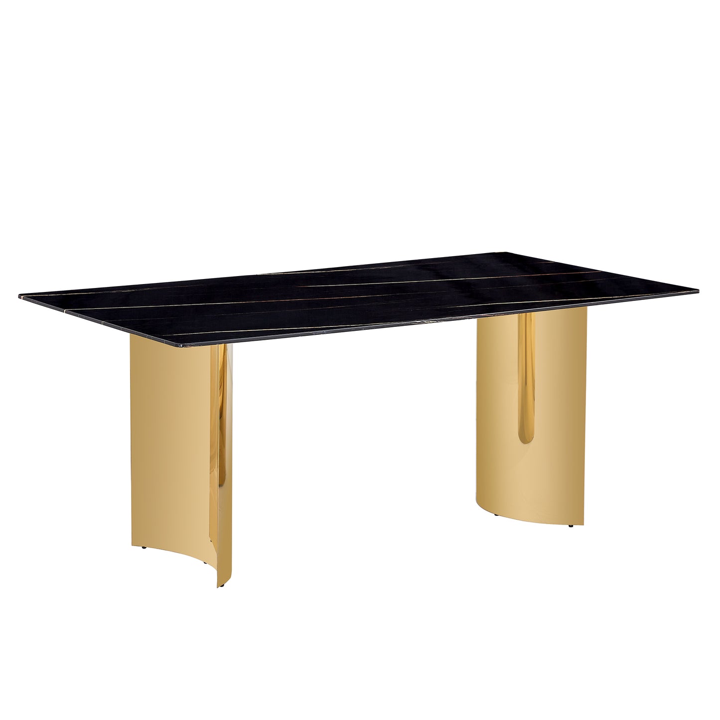 Modern minimalist dining table. The black patterned glass desktop is equipped with golden metal legs. Suitable for restaurants and living rooms  71" *39.3" *29.5"  DT-69