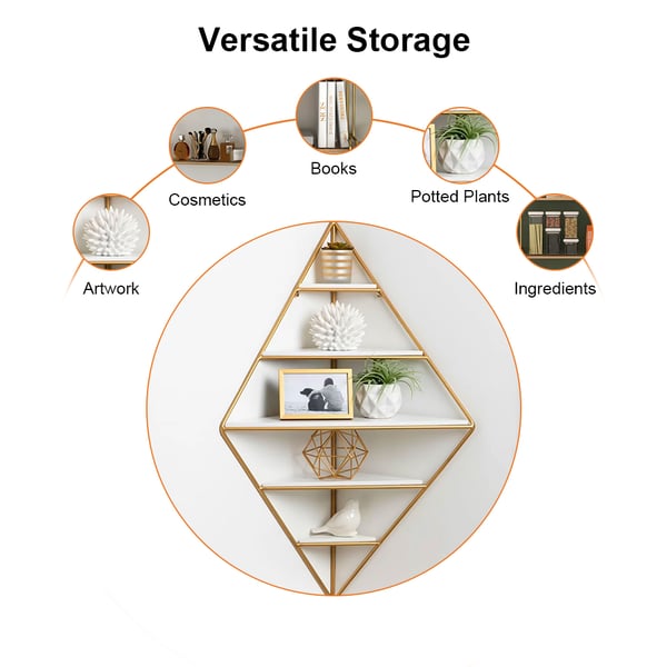 Étagères murales d'angle modernes, étagères flottantes triangulaires en or et blanc
