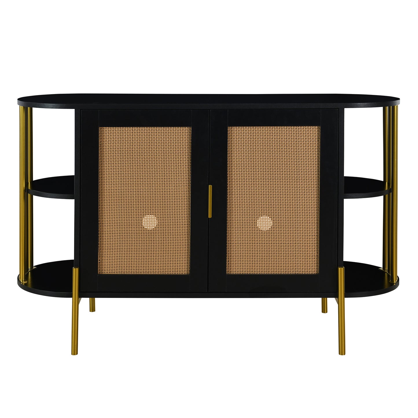 TREXM 2-Door Elegant Curved Dining Cabinet with Gold Trim and Woven Rattan Doors for Dining Room (Black)