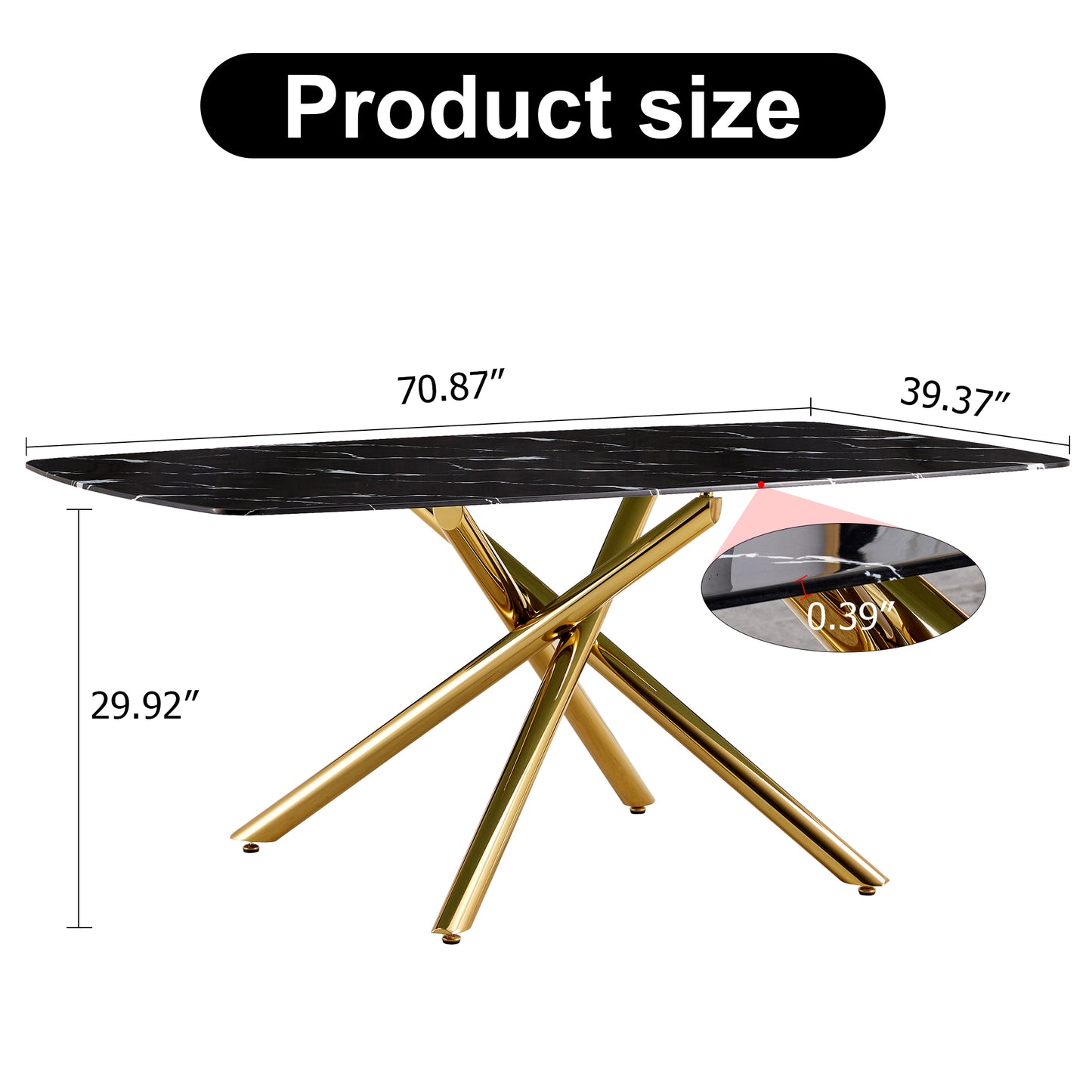 Contemporary Large Dining Table with Black Imitation Marble Top - 0.39" Thick Design with Golden Metal Legs, Perfect for Dining Rooms