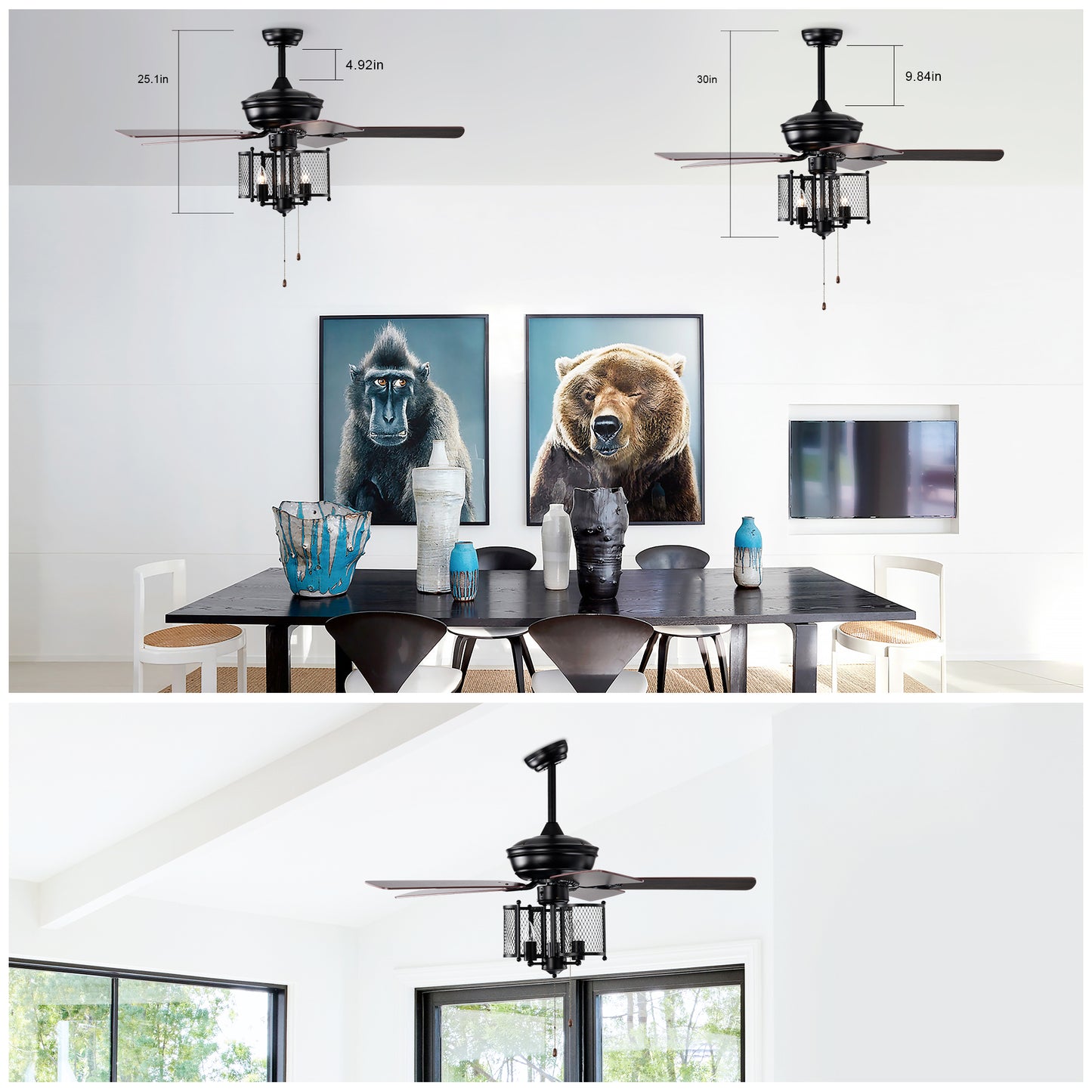 Farmhouse Ceiling Fan 52" with Dual Finish Blades - Matte Black, Hand Pull Chain for Indoor Use