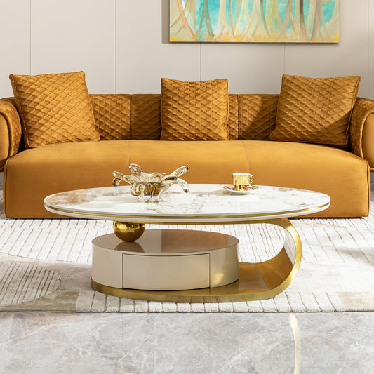 Modern 0.47" thickness sintered stone coffee table with 2 drawers,Matt gold stainless steel base