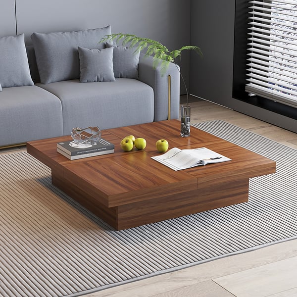 Square Coffee Table Sliding Top with Storage in Walnut