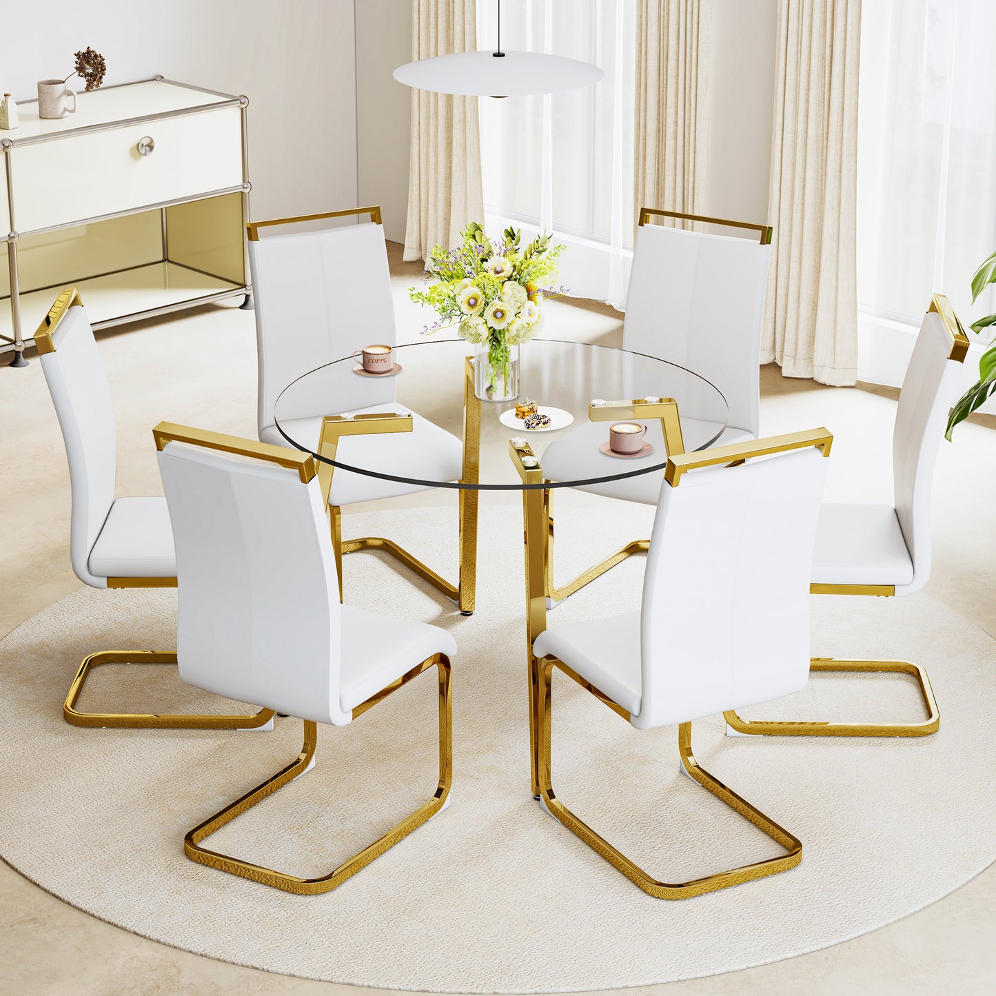 Modern Minimalist Circular Transparent Tempered Glass Table with Golden Metal Legs - Perfect for Kitchen, Dining Room