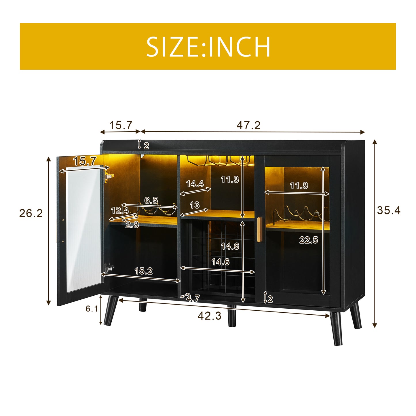 Armoire de bar à vin LED, armoire à café avec support à vin et verres, buffet de cuisine avec étagères de rangement, armoire à alcool autoportante pour salon, salle à manger (noir)