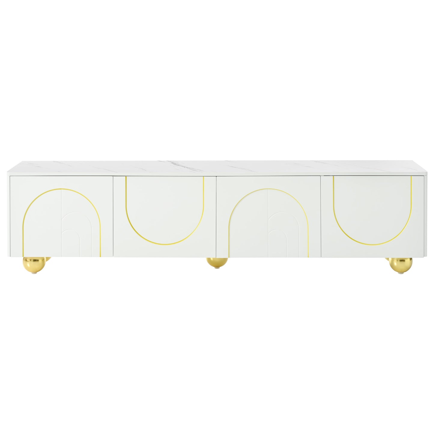 Modern TV Stand for TVs up to 75 Inches, Entertainment Center with Storage Cabinets and 1 Adjustable Shelf, Media Console with Marble-patterned Top and Golden Round Metal Legs for Living room