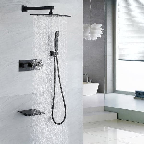 10 Inch Wall-Mounted Square Rain Shower System with Waterfall Tub Spout in Matte Black