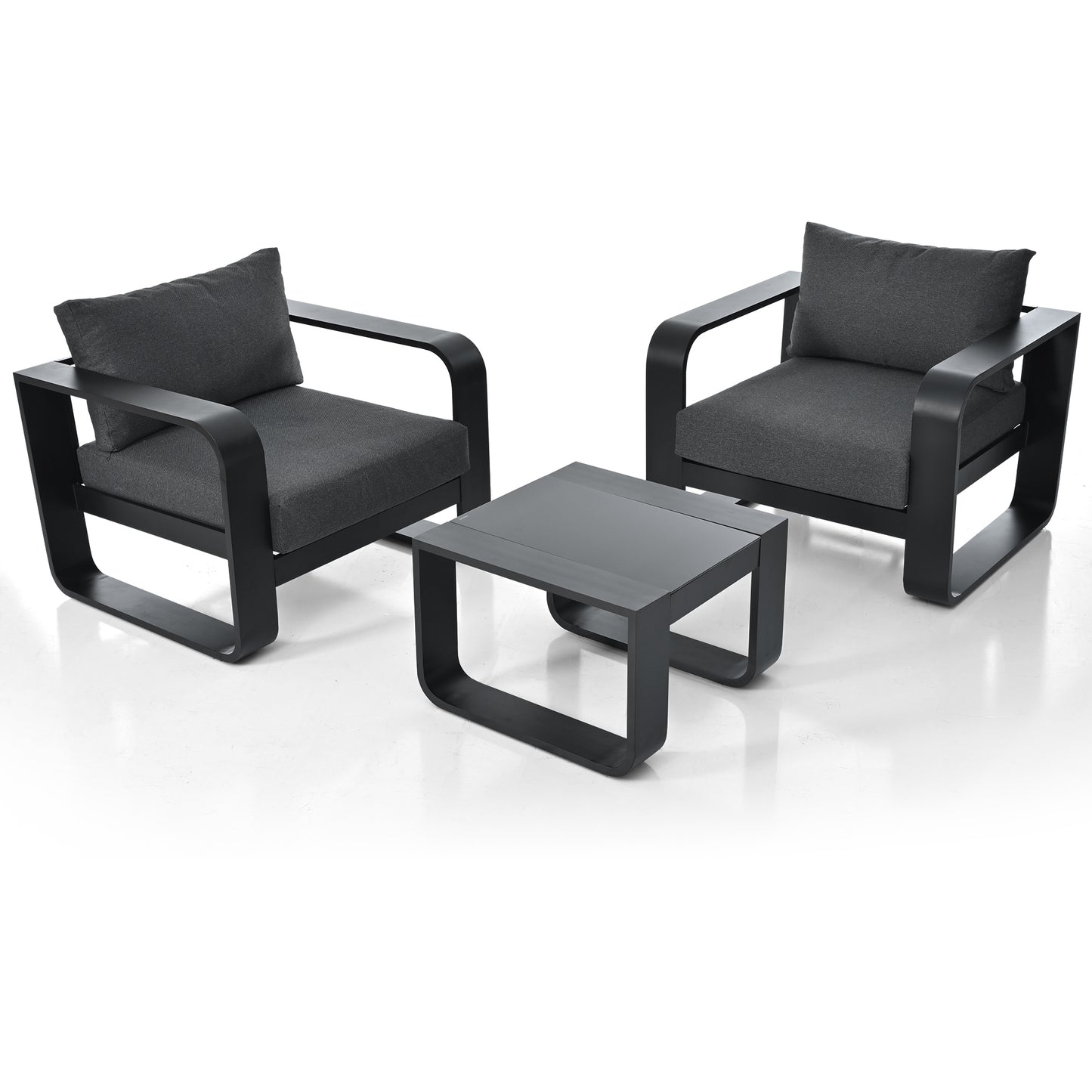 GO Meubles de patio à cadre en aluminium 3 pièces avec coussin de 6,7 po d'épaisseur et table basse, chaise d'extérieur en tissu oléfine tous temps, gris et noir