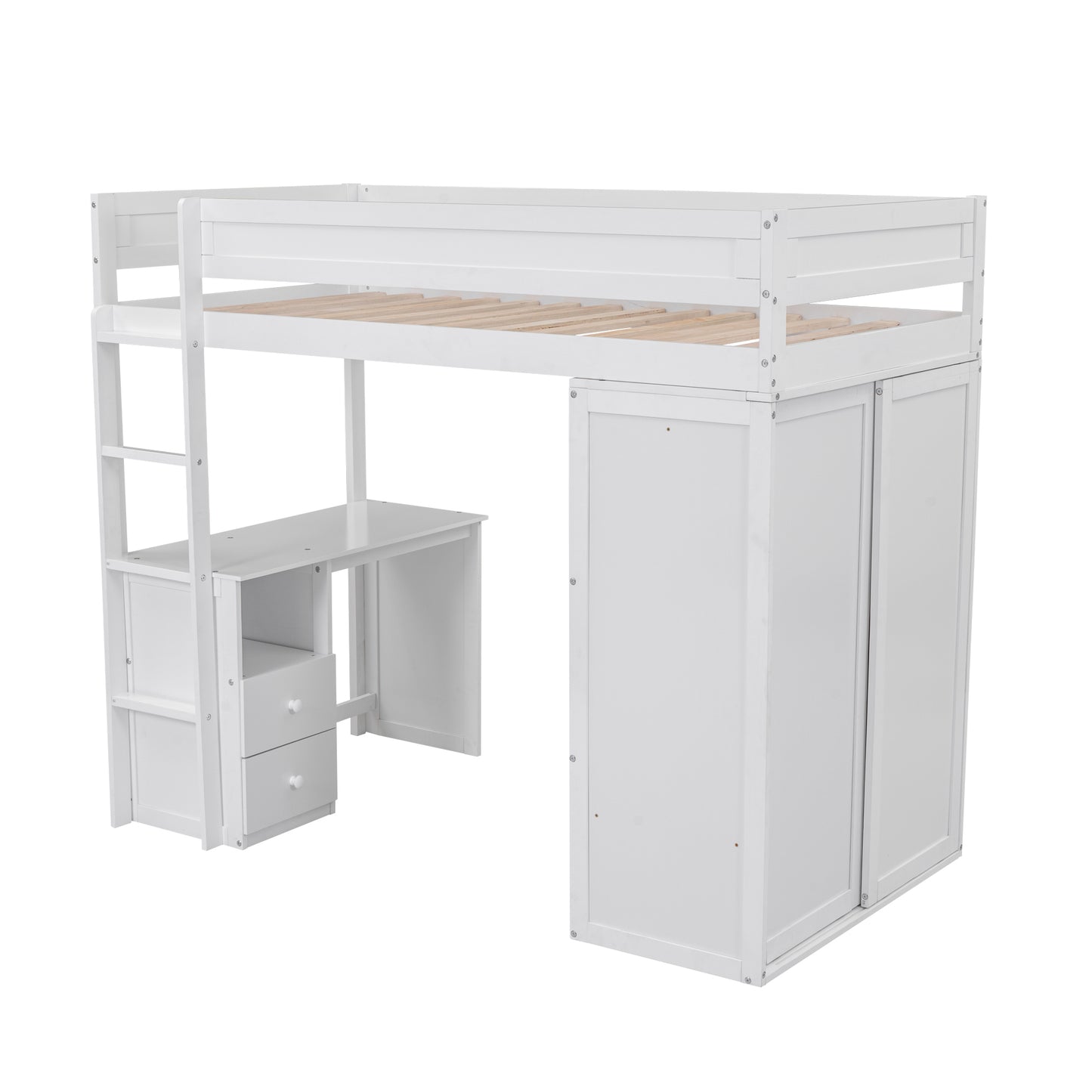 Lit mezzanine double en bois avec armoires et bureau à 2 tiroirs avec armoire, blanc