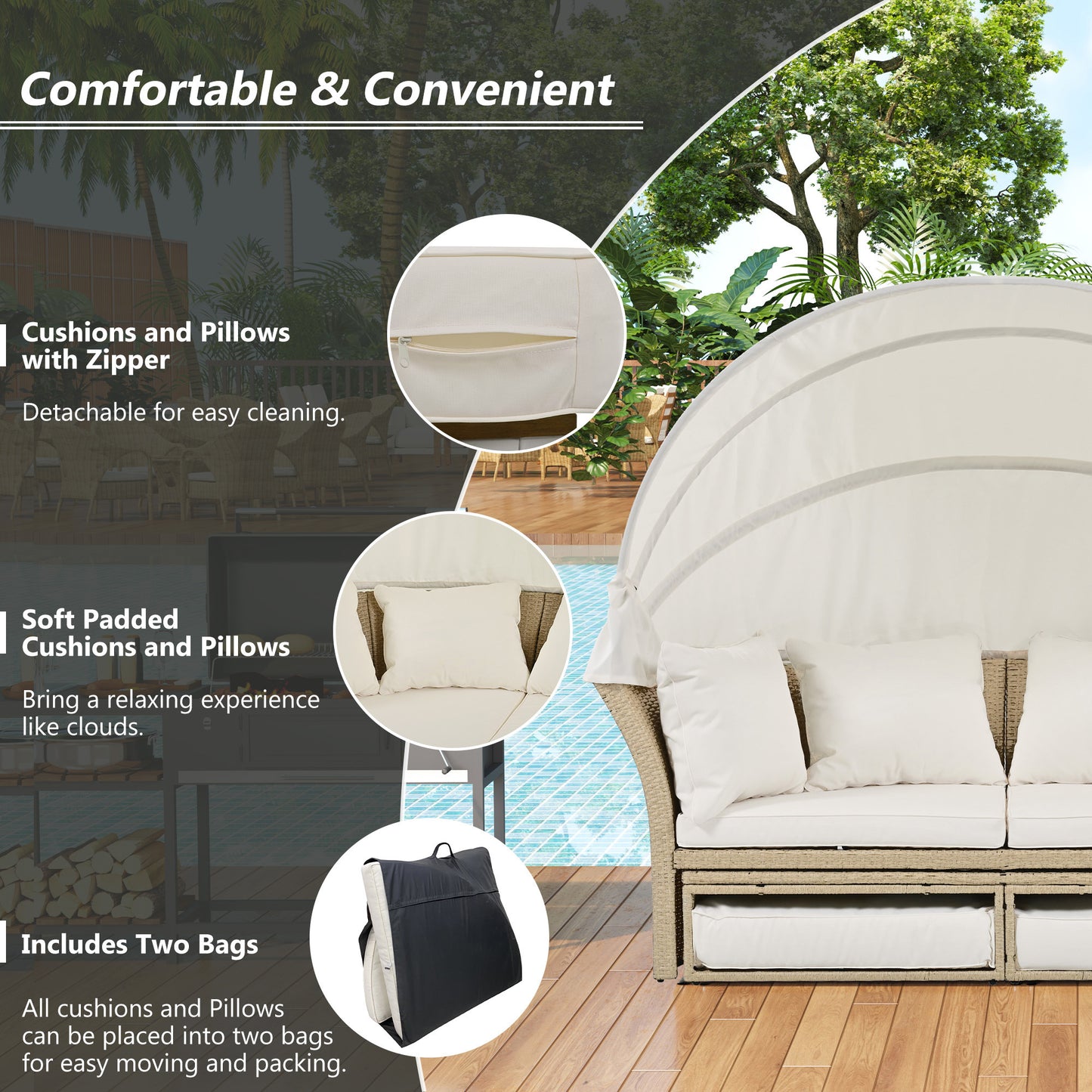 Outdoor Patio Daybed Wicker Rattan Double Daybed Round Sofa Furniture Set with Retractable Canopy, 4 Pillows for Lawn Garden Backyard Porch Pool, Beige