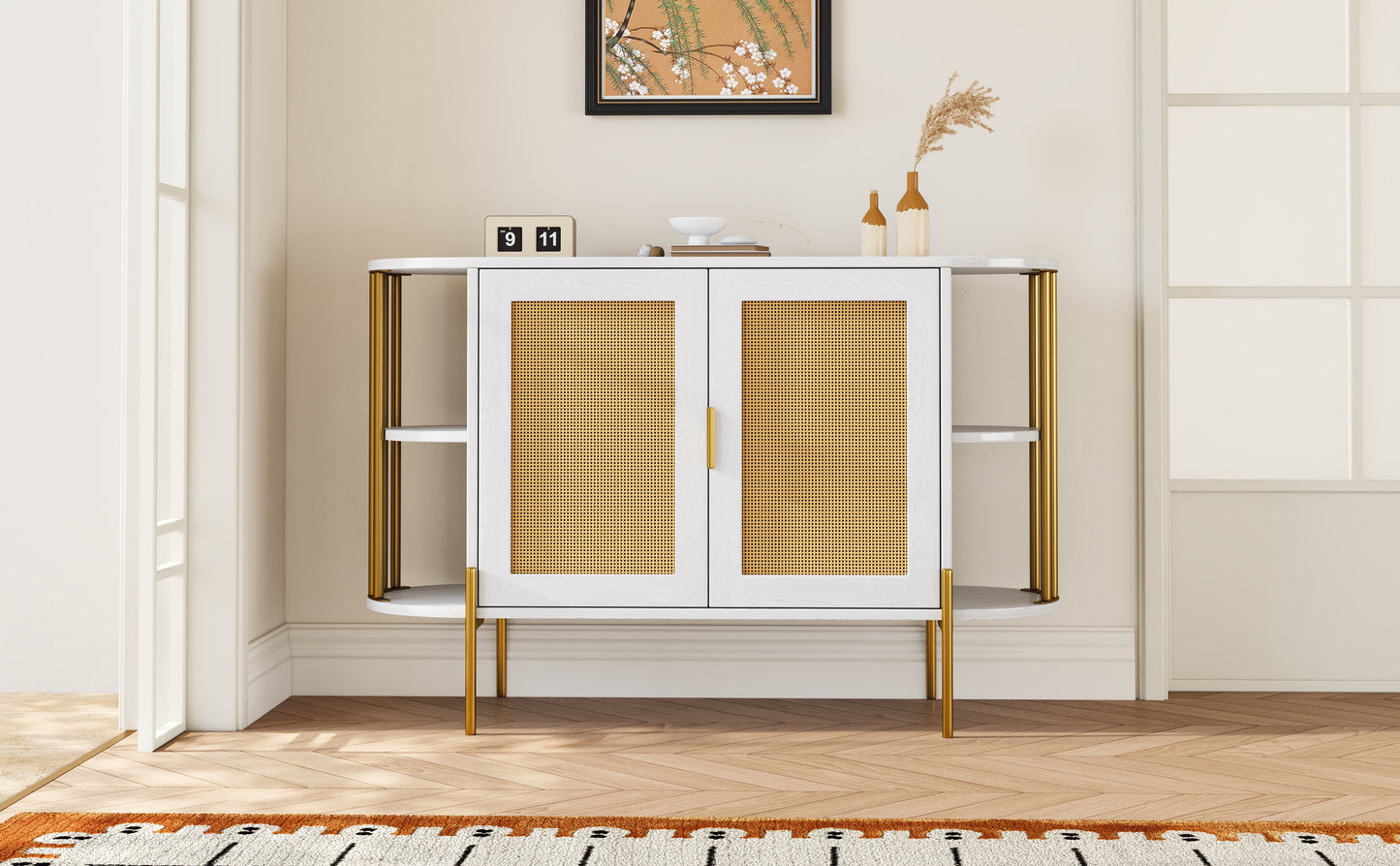 TREXM 2-Door Elegant Curved Dining Cabinet with Gold Trim and Woven Rattan Doors for Dining Room (White)