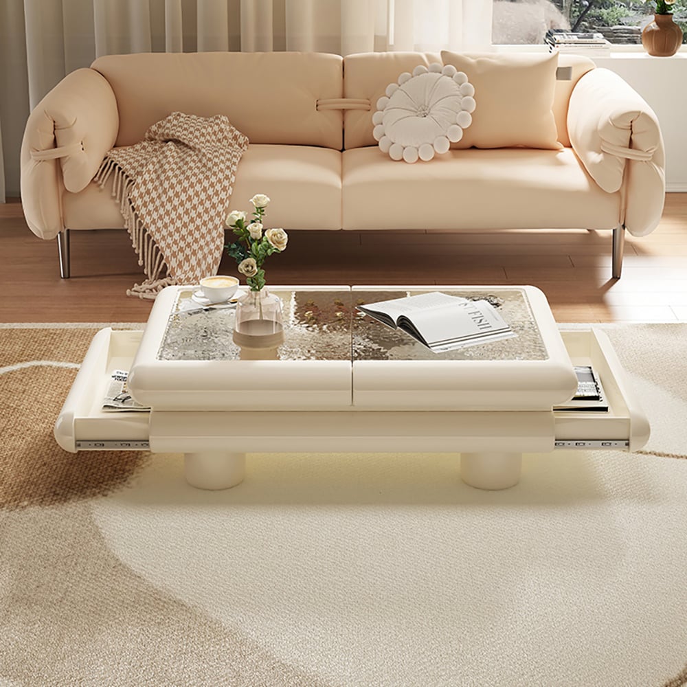 Clear & White Modern Multi-functional Large Coffee Table Extendable with Storage