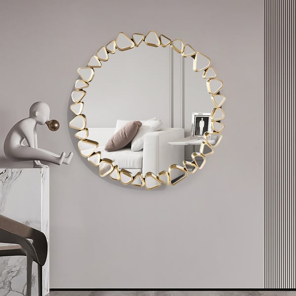 Grand miroir mural rond en galets dorés, 23.6 pouces, décor moderne avec cadre géométrique pour salon