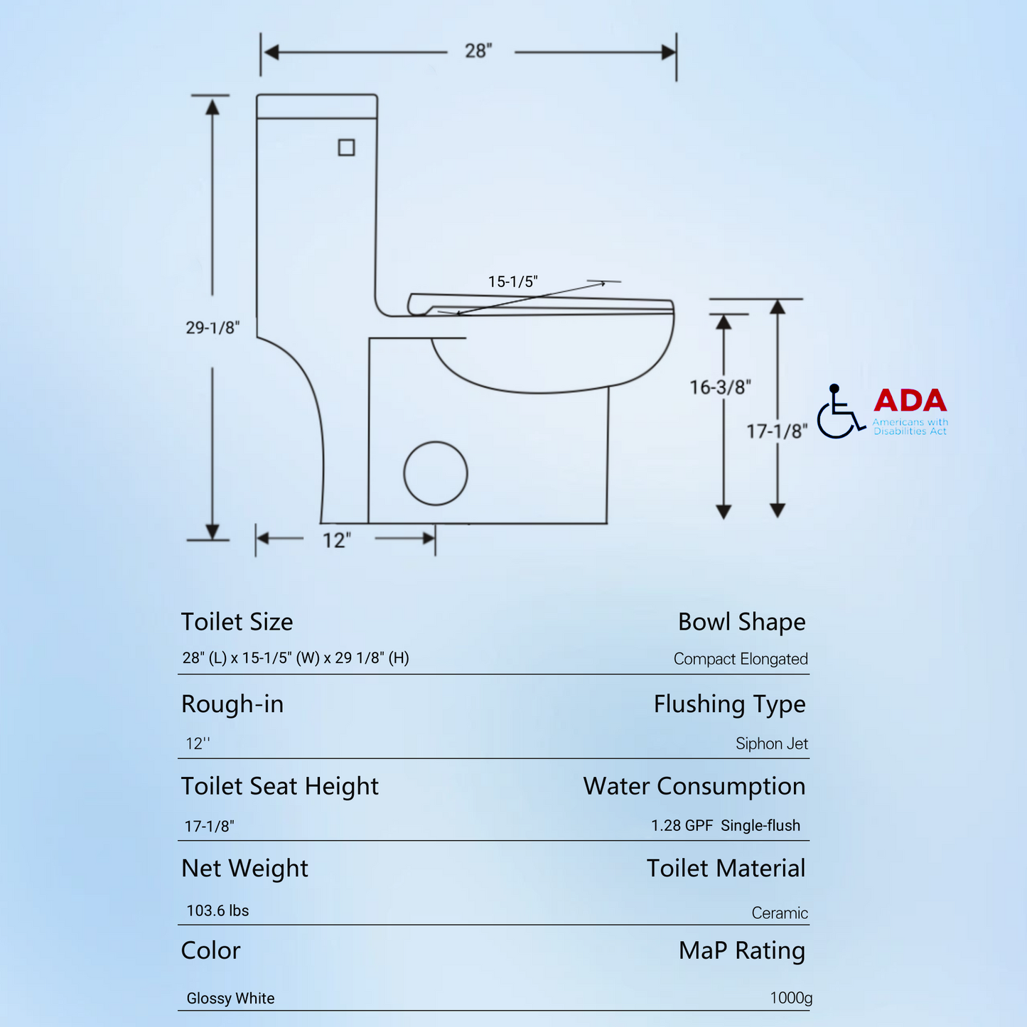 1.28 GPF Single-flush One Piece Toilet, Water-Saving Elongated Comfort Height Floor Mounted, Soft Closing Seat, 1000 Gram Map Flushing Score Toilet, Gloss White 23T03-GW