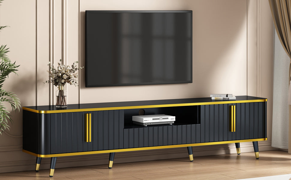 ON-TREND Luxury Minimalism TV Stand with Open Storage Shelf for TVs Up to 85", Entertainment Center with Cabinets and Drawers, Practical Media Console with Unique Legs for Living Room, Black