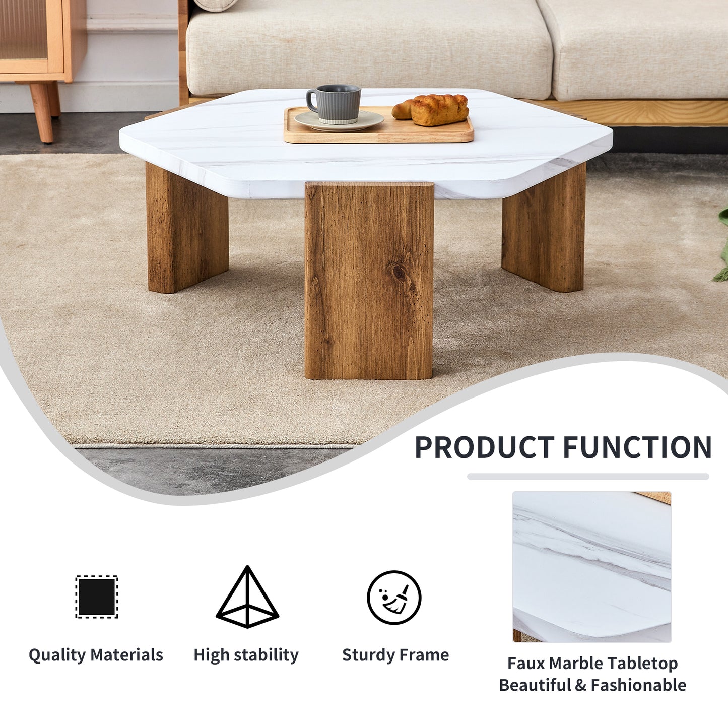 Stylish MDF Coffee Table - White Tabletop with Wooden Legs, Ideal for Living Spaces and Guest Rooms