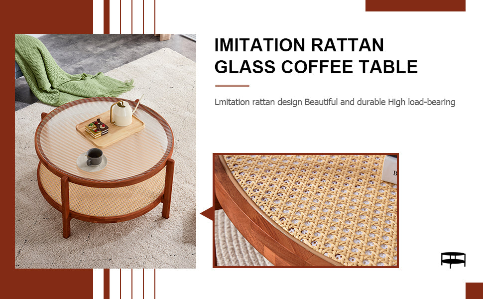 Modern Minimalist Circular Coffee Table - Double-Layer Solid Wood Design with Craft Glass Top and PE Rattan