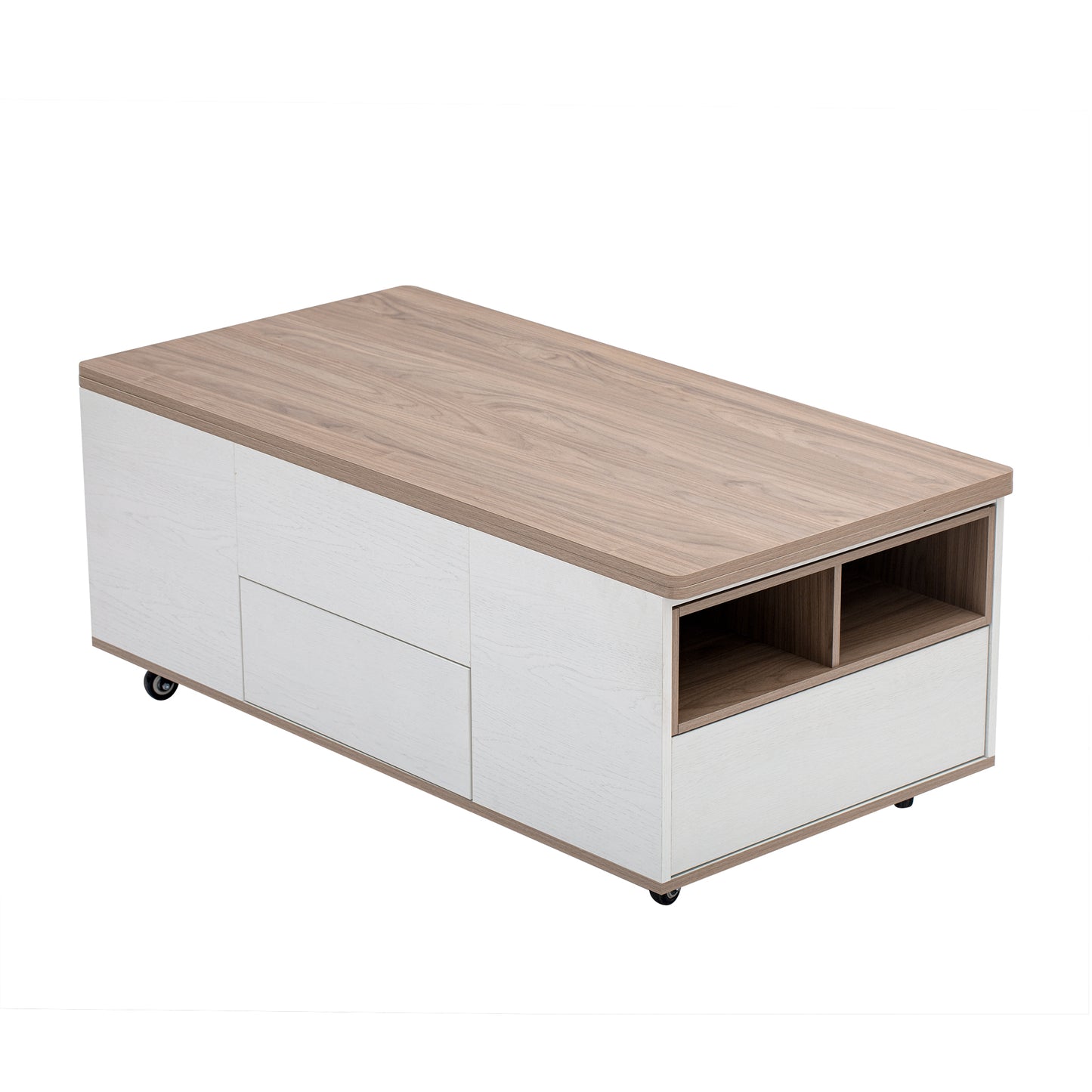 Modern Walnut & White Lift Top Coffee Table Multifunctional Table with Drawers & Shelves