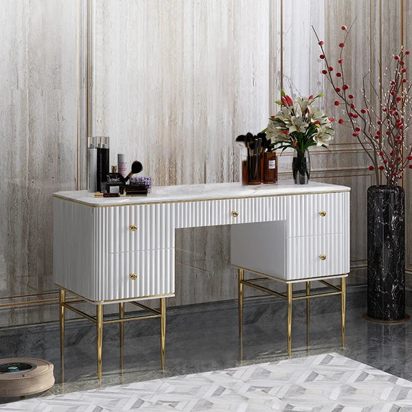 White Makeup Vanity Table Marble Dressing Table with Drawers Gold Stainless Steel