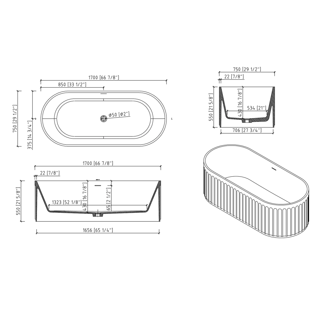 67" Freestanding Solid Surface Bathtub, Luxury Engineered Stone Resin Freestanding Soaking Bathtub with Overflow and Pop-up Drain cUPC Certified, Matte White 23S13-67