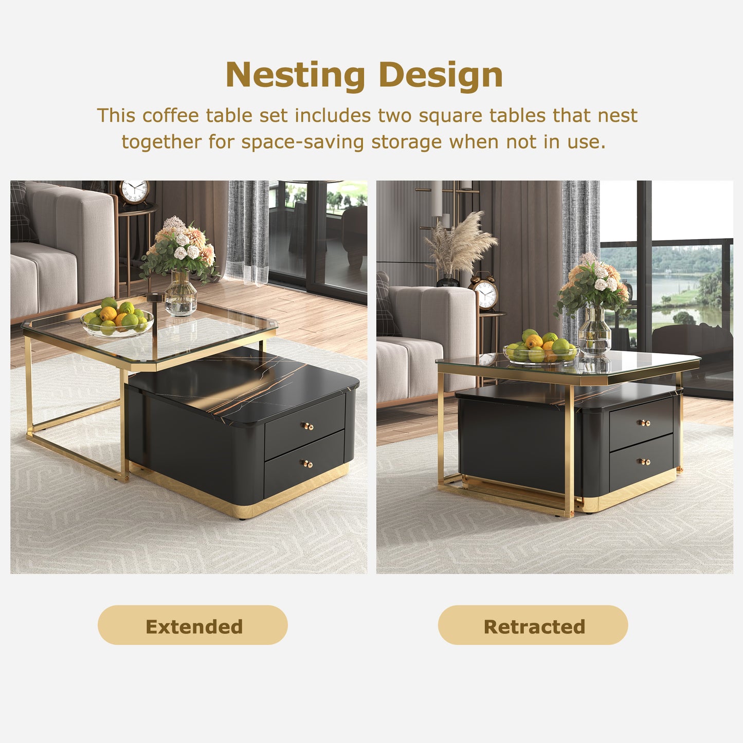 Modern 2 Pieces Black  Square Nesting  Coffee Table with Drawers & Electroplated gold legs in 27.6''