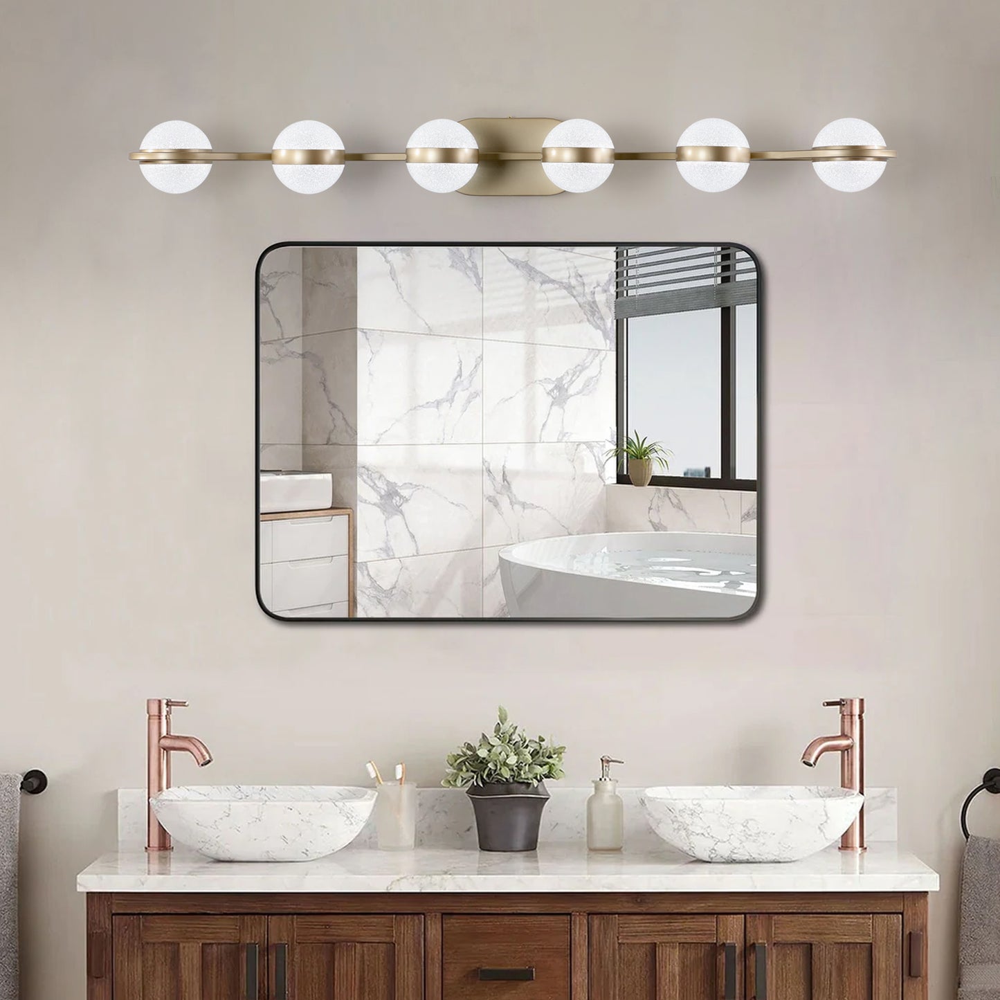 Champagne Gold Bathroom Vanity Light - 6-Bulb LED Wall Mounted Fixture with Stylish Acrylic Shades