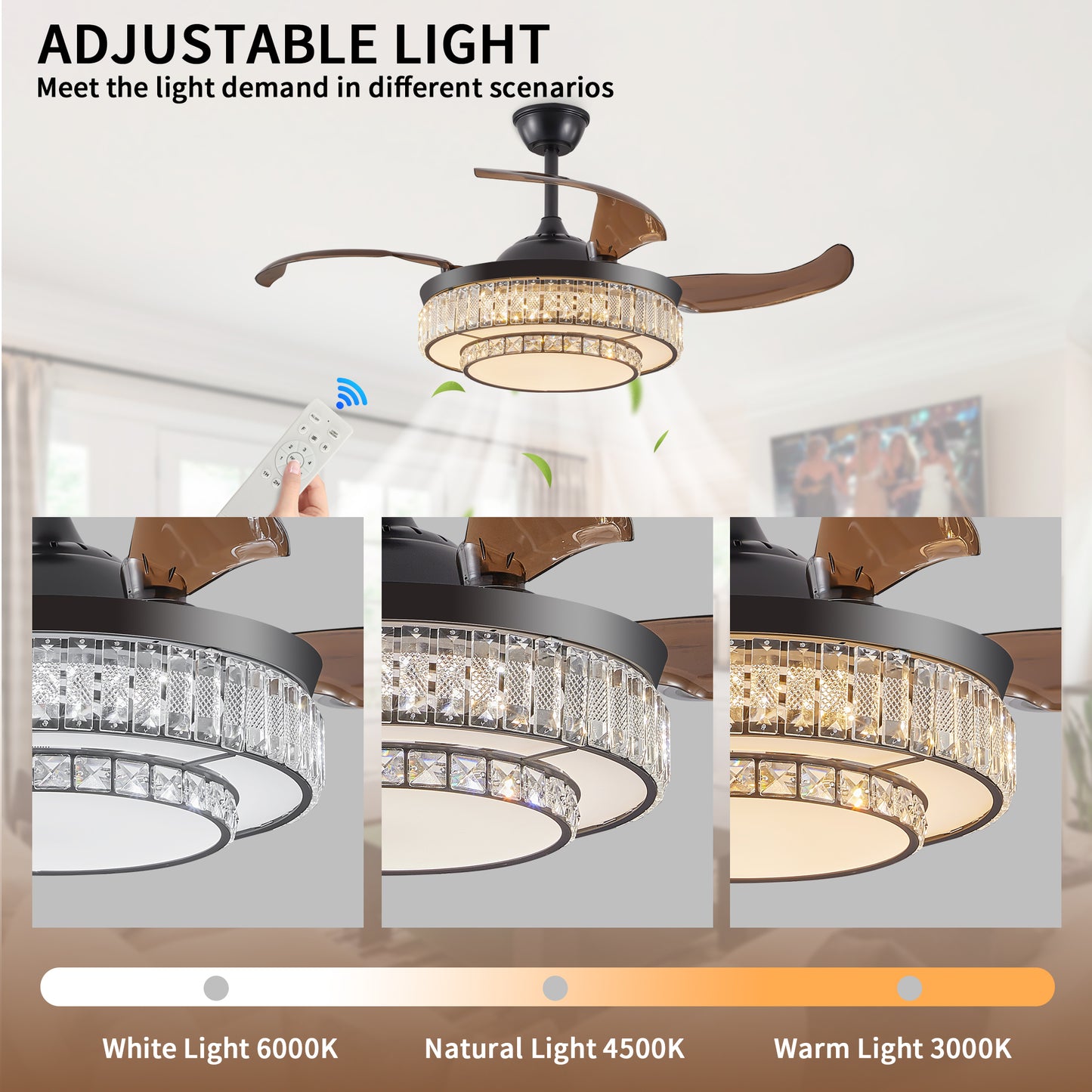 Stylish Retractable Ceiling Fan with LED Light - 4-Blade Design, Remote Control