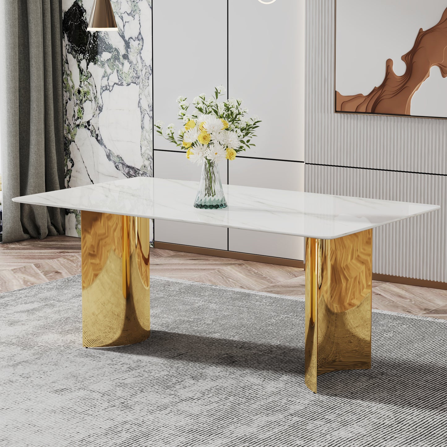 Stylish 71" Minimalist Dining Table with White Imitation Marble Glass Surface and Gold Metal Legs - Ideal for Dining Areas and Living Spaces