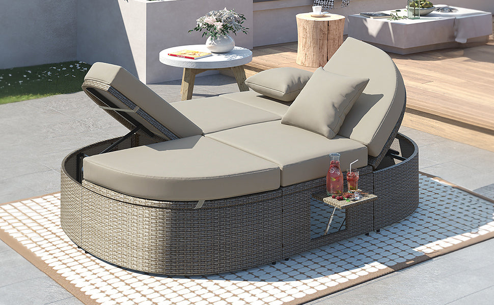 TOPMAX Lit de bronzage d'extérieur pour 2 personnes avec coussins et oreillers, chaise longue inclinable de jardin en rotin avec dossiers réglables et plateaux à tasses pliables pour pelouse, bord de piscine, gris