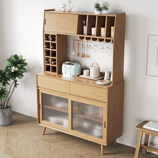 Mid-Century Modern 67" Tall Freestanding Pantry Cabinet with Storage Natural Hutch