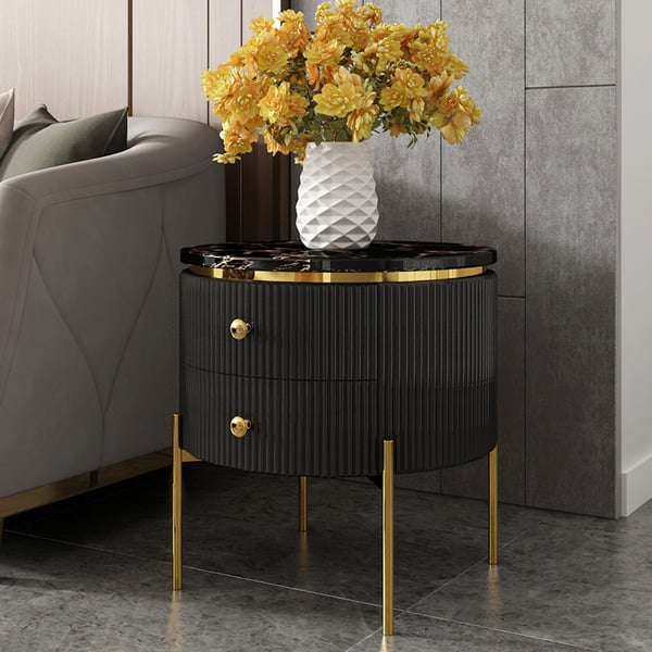 Modern Round End Table With Storage Black Faux Marble Side Table Gold Legs