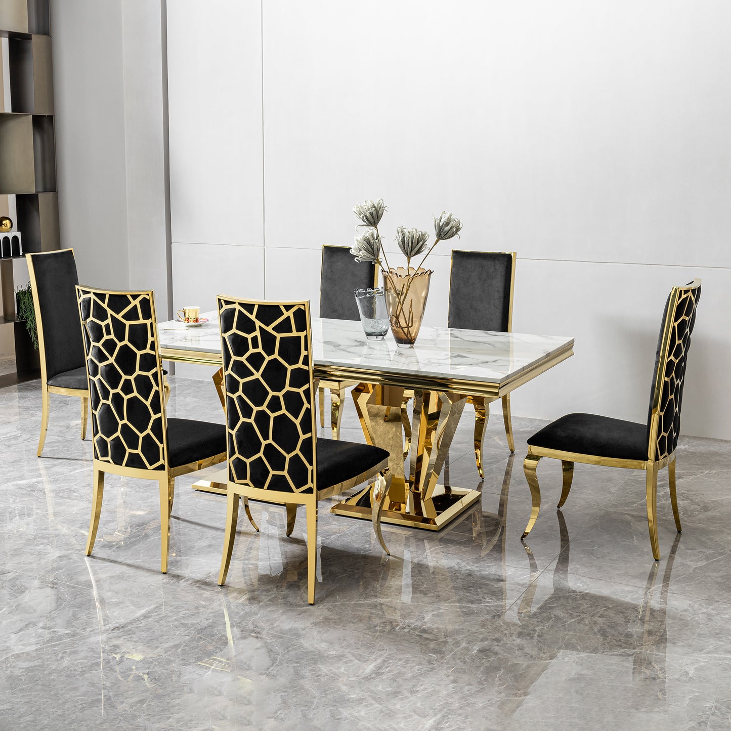 Dining Table for 6 or 8, Rectangular 78.74" L x 39.37" W x 29.92" H Gold Polished Stainless Steel Base MDF Marble Top