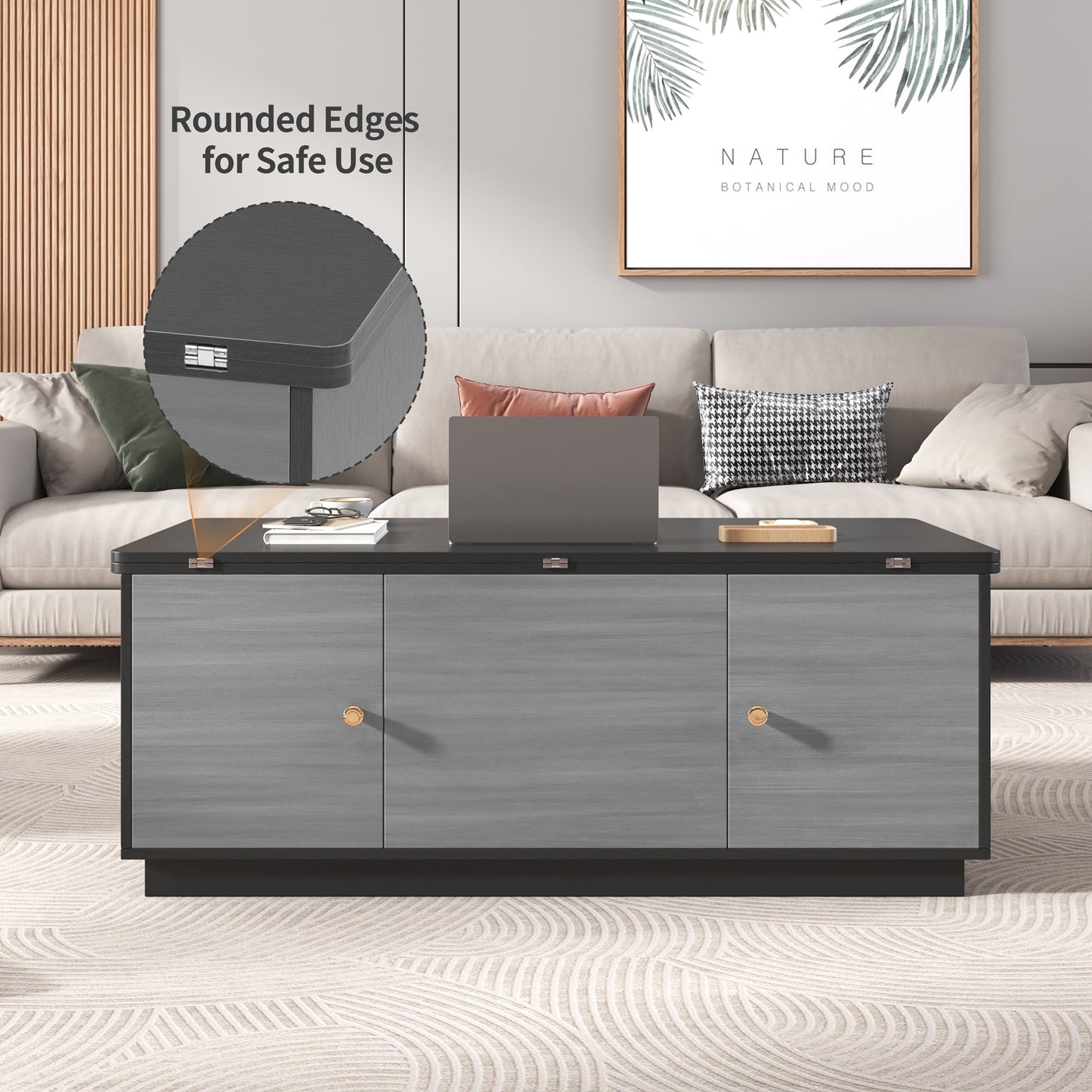 Modern Gray Multi-functional Rectangle Lift-top Coffee Table Extendable with Storage