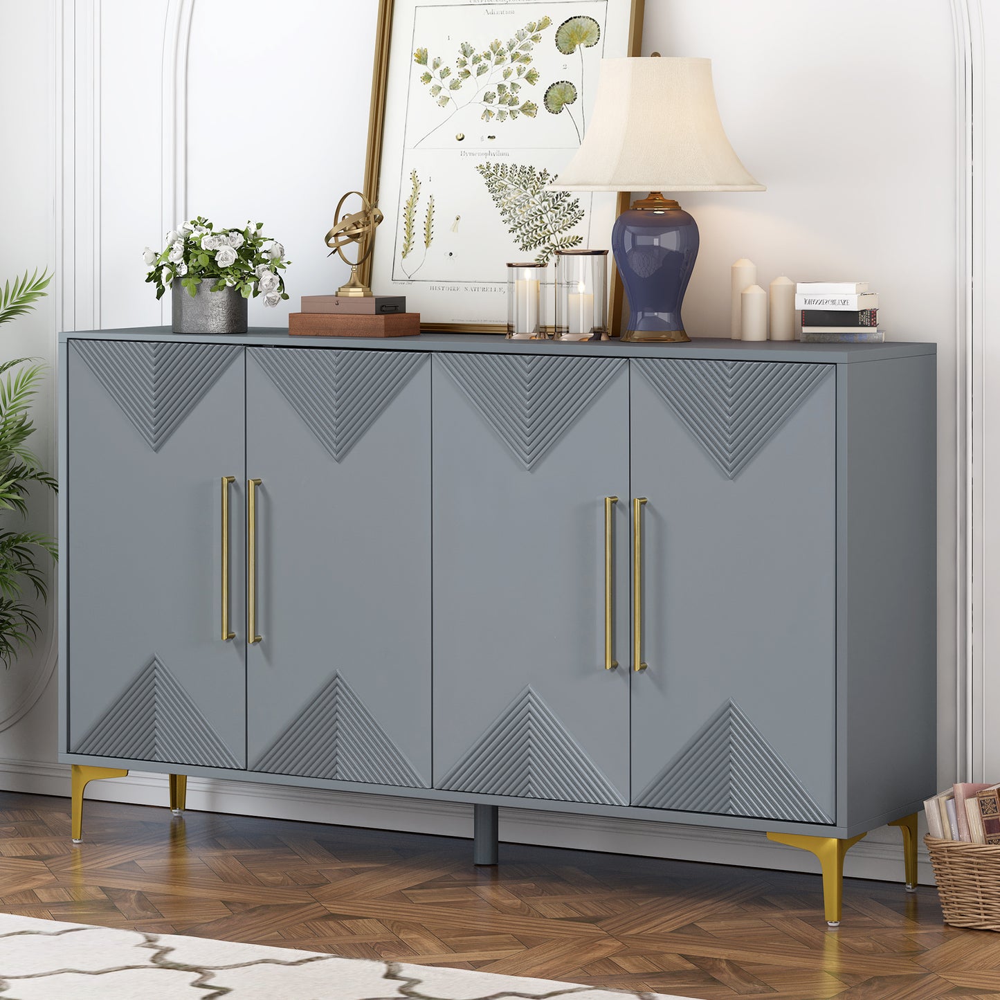 Stylish Four-Door Cabinet with Two-Tone Triangular Pattern Doors - Ideal for Entryway & Dining Room