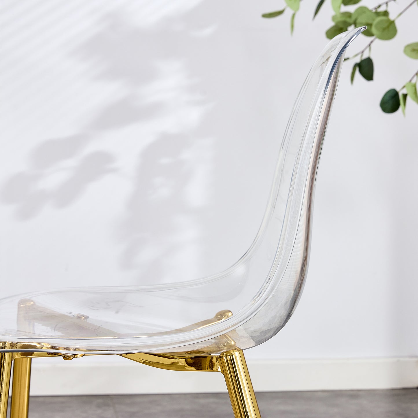 Modern Transparent Dining Chairs - Set of 4 Armless Crystal Chairs with Golden Plating Metal Legs