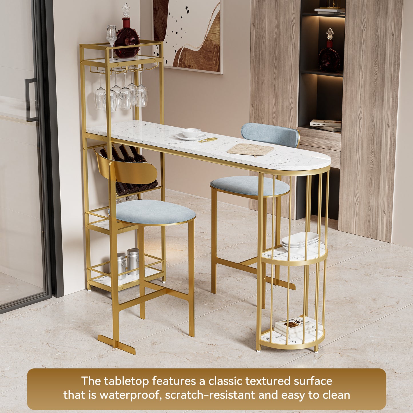 63" Table de salle à manger de hauteur de bar de cuisine blanche moderne Table de petit-déjeuner en bois avec base dorée avec étagères, support en verre, support à bouteilles de vin