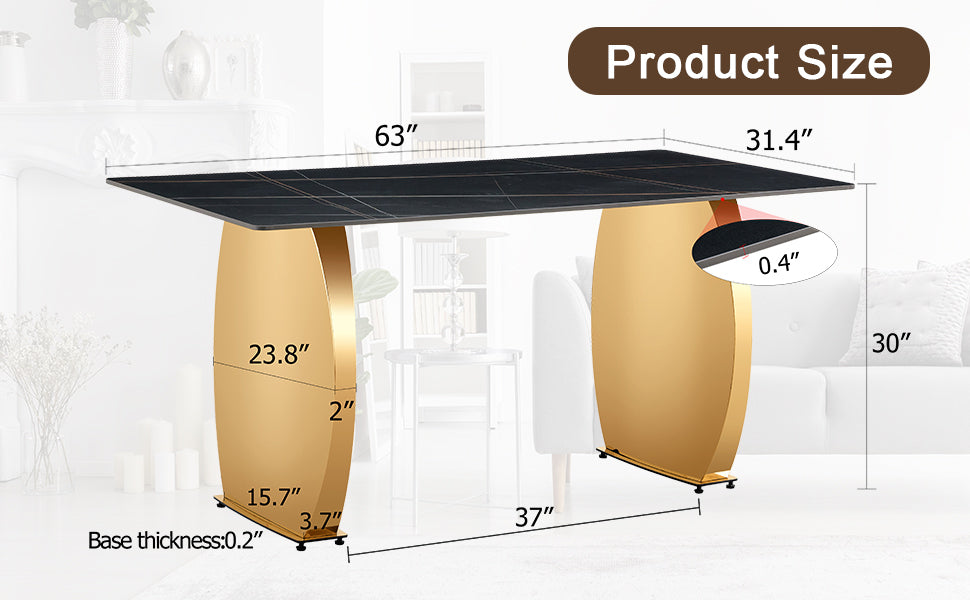 Stylish 63" Rectangular Table with Black Patterned Top and Gold Legs - Perfect for Dining Room and Living Space