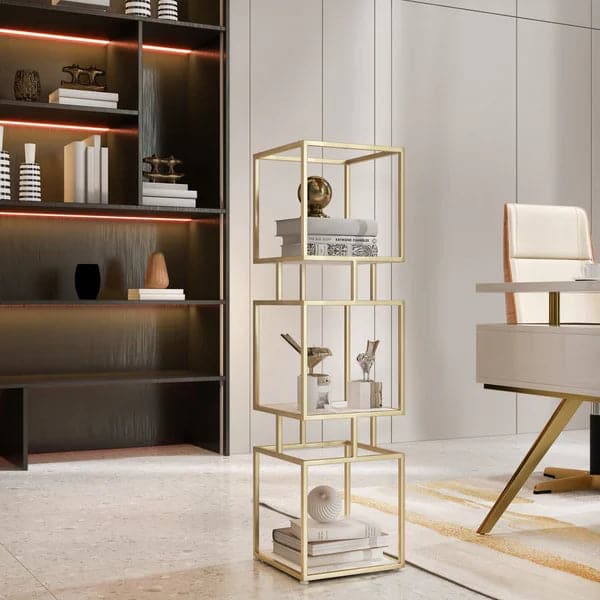 Modern Black Cube Bookcase with Metal 4-Tier Bookshelf Tower