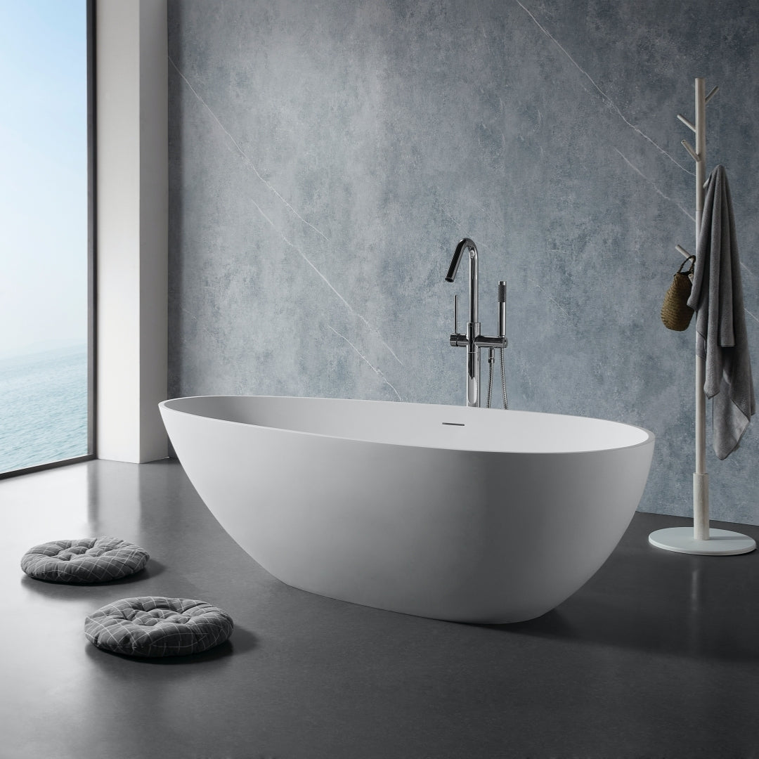 59" Freestanding Solid Surface Bathtub, Luxury Handcrafted Stone Resin Freestanding Soaking Bathtub with Overflow and Pop-up Drain, Matte White 24S02-59MW