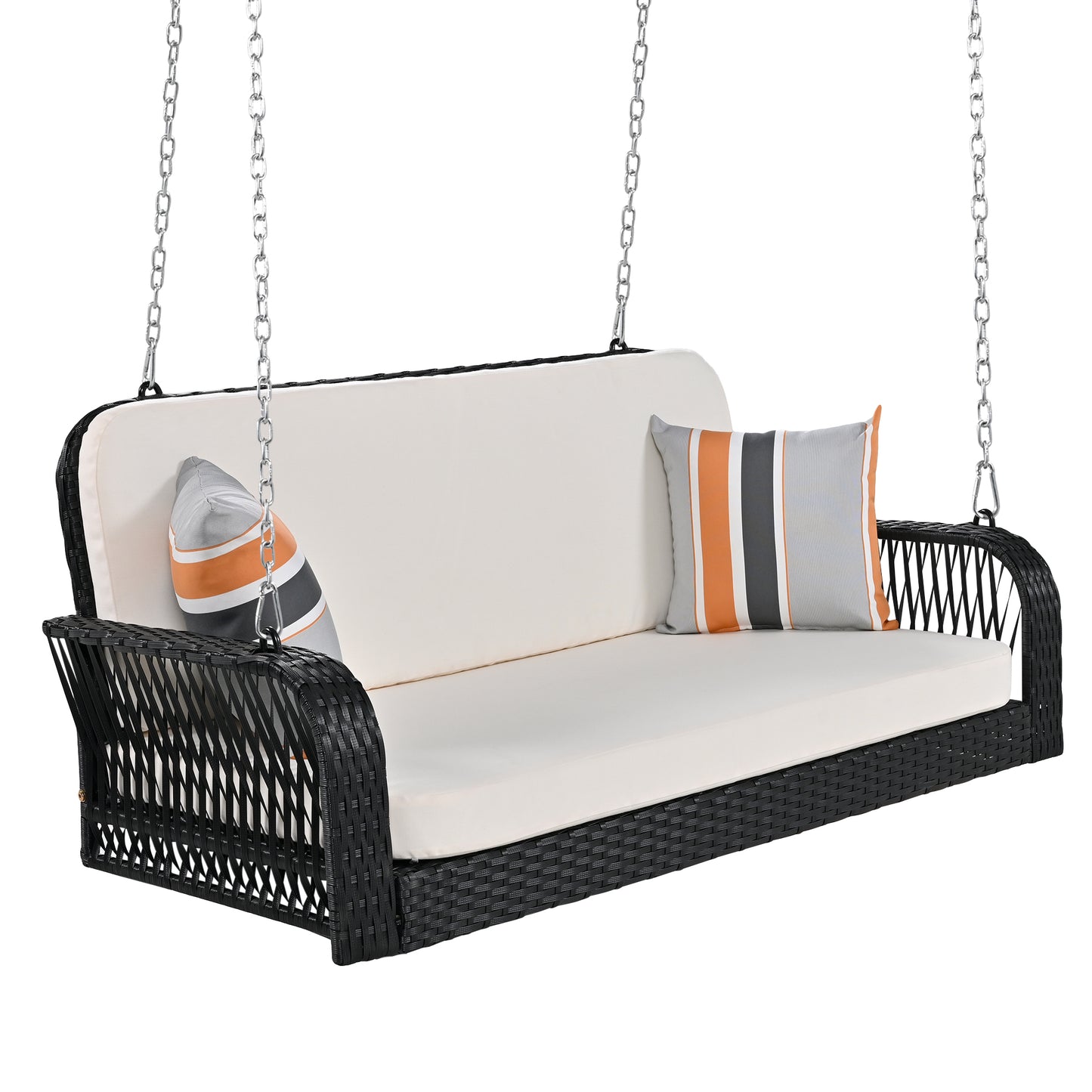 PE Wicker Porch Swing: 2-Seater Hanging Bench with Chains, Stylish Patio Furniture for Backyard, Garden, and Poolside in Black and Beige