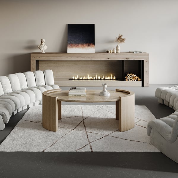 42" Japandi Travertine Coffee Table with Oval Beige Stone Top